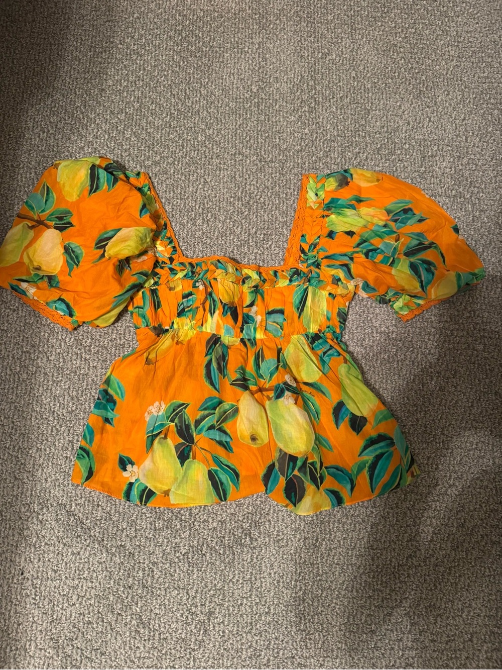 FARM Rio Orange Lemon Print Puff Sleeve Top